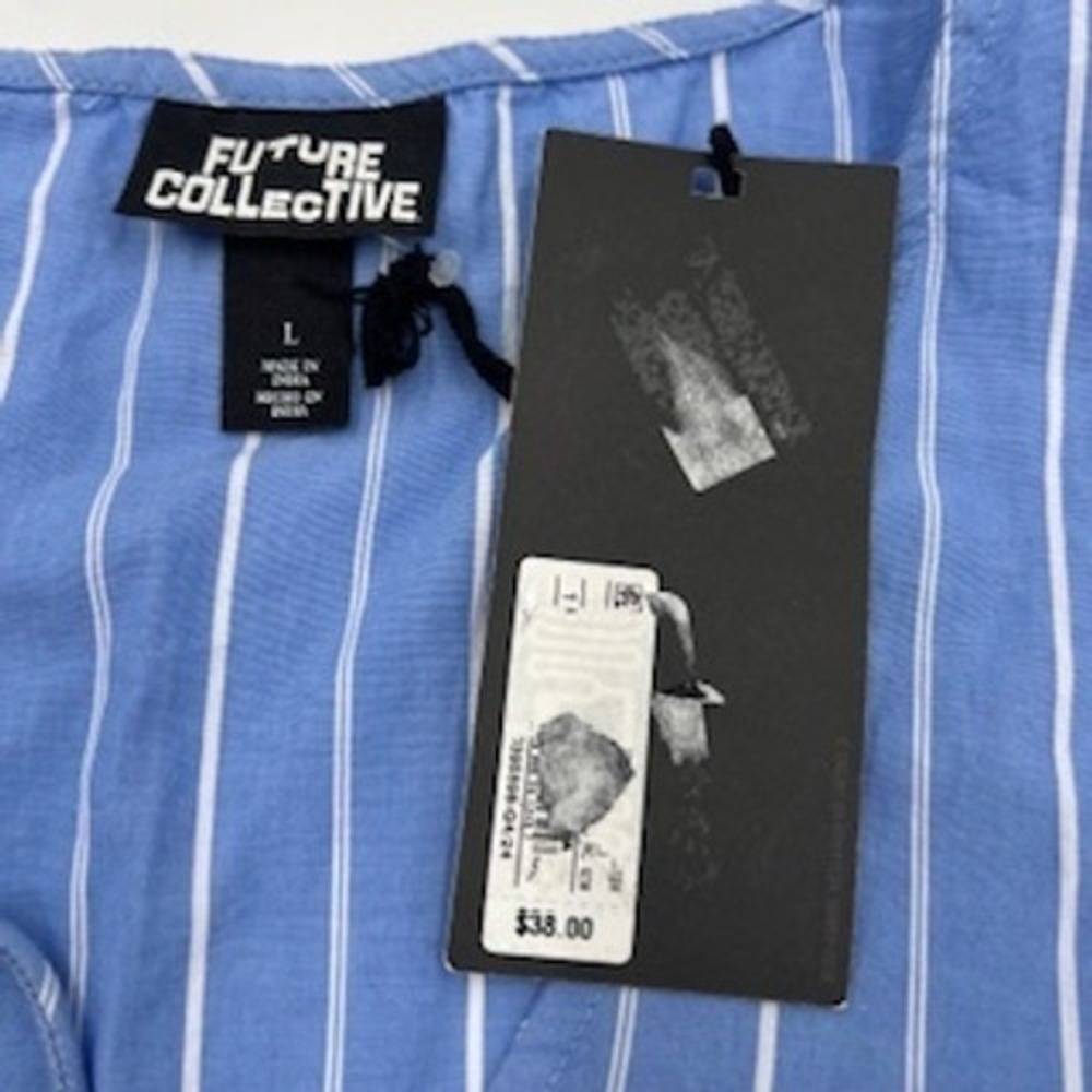 Future Collective Blue White Striped Embroidered Eyelet Tie Front Blouse Large - Picture 4 of 9